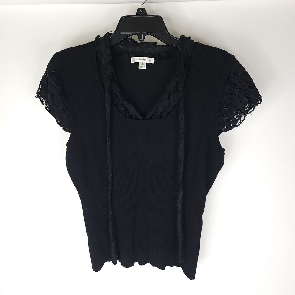 John Paul Richard Womens Blouse Size XL Black Pullover Short Sleeve Top